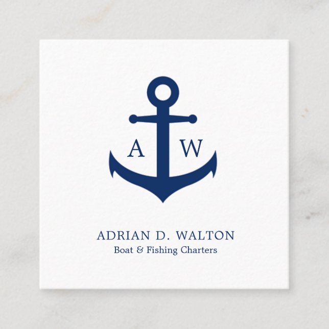 Nautic Anchor Navy Blue White Monogram Simple Quadratische Visitenkarte (Vorderseite)