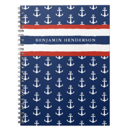 Nautic Anchor Navy Blue White Red Individuelle Nam Notizblock