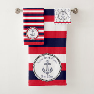 Nautic Anchor Navy Blue White Red Streifen Badhandtuch Set