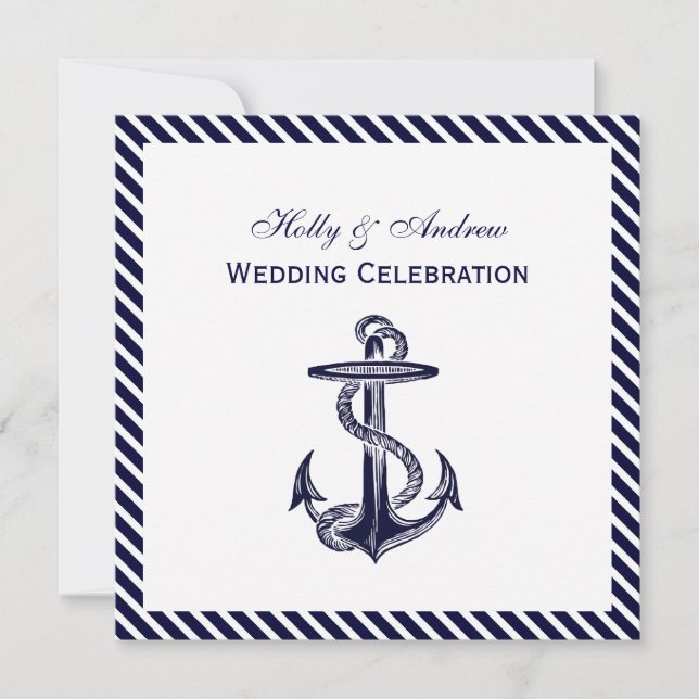 Nautic Anchor Navy Diag Stripe 2SQ Hochzeit Einladung (Vorderseite)