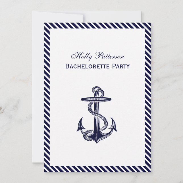 Nautic Anchor Navy Diag Stripe 2V Bachelorette Einladung (Vorderseite)