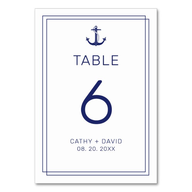 Nautic Anchor Navy Minimalistische Hochzeit Tischnummer (Vorderseite)