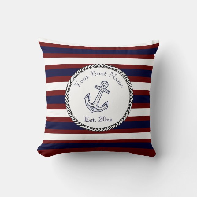 Nautic Anchor Navy White Maroon Streifen Kissen (Vorderseite)