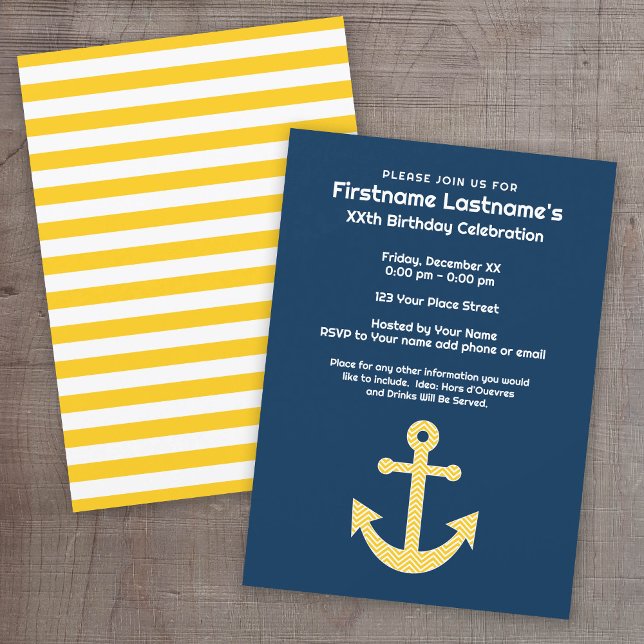 Nautic Anchor Navy Yellow Birthday Party Einladung (Custom Nautical Party Invitation)