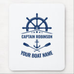 Nautic Anchor Oars Helm Captain & Boat Name Blue Mousepad<br><div class="desc">Nautical Boat,  Ships Wheel - Helm und überquerte Oars mit Ihrem Personalisierten Kapitän und Bootsnamen auf einem Mauspad.</div>