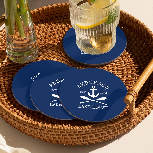 Nautic Anchor Oars Navy Blue Family Lake House Runder Pappuntersetzer (Customize to change background color.)