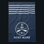 Nautic Anchor Oars Stars Boot Name Sea Blue Geschirrtuch<br><div class="desc">Custom Nautical Anchor mit Oars - Paddel und Stars und Ihr Personalisierter Bootsname auf einem stilvollen Sea Blue Kitchen Handtuch mit Anchor-Rope Streifen.</div>
