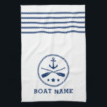 Nautic Anchor Oars Stars Bootsname Blau Weiß Geschirrtuch<br><div class="desc">Custom Nautical Anchor mit Oars - Paddel und Sterne und Ihr Personalisierter Name des Bootes in Navy Blau auf einem weißen Küchentuch mit Anchor-Rope Streifen.</div>