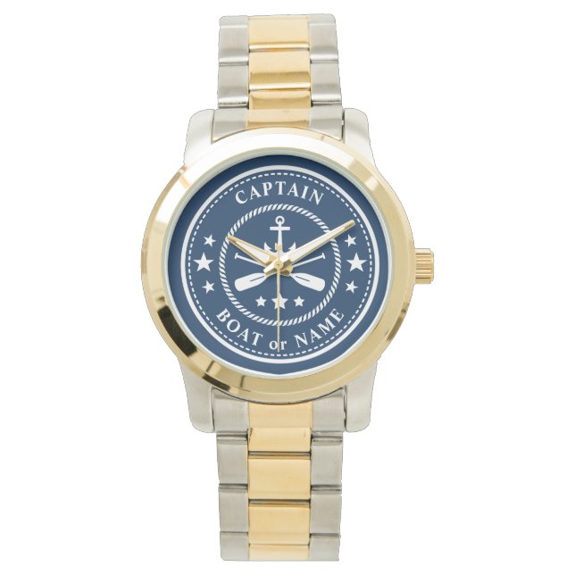Nautic Anchor Oars Stars Captain Boat Name Navy Armbanduhr (Vorderseite)