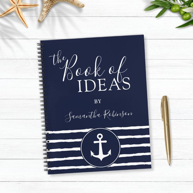 Nautic Anchor Personalisiert White Navy Blue Notizbuch (Personalized  Navy Blue Nautical Notebook with Anchor and Stripes)