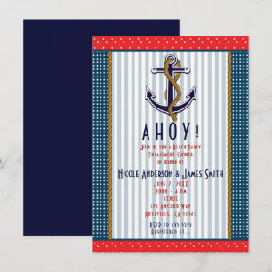 Nautic Anchor Red Polka Dots White Blue Party Einladung