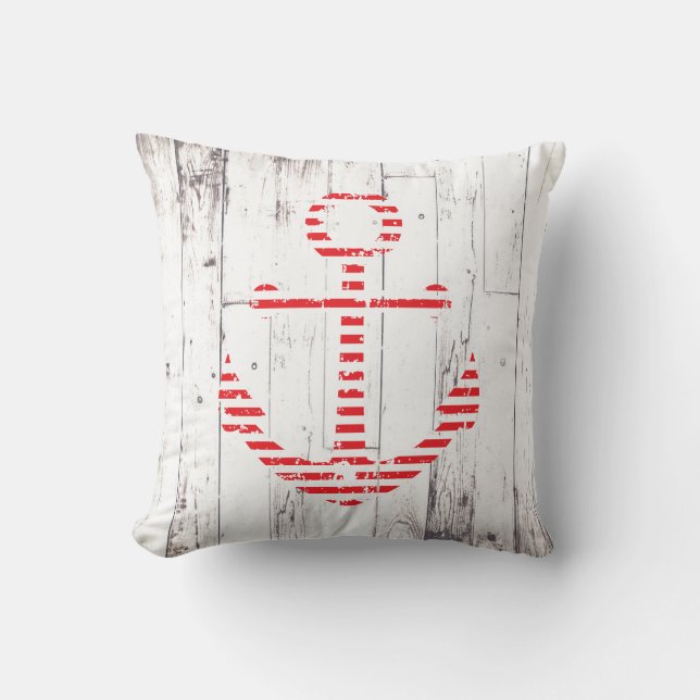 Nautic Anchor Red White Wood Rustic Coastal Kissen (Vorderseite)