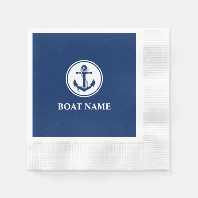 Nautic Anchor Rope Navy Blue Boat Name Serviette (Vorderseite)