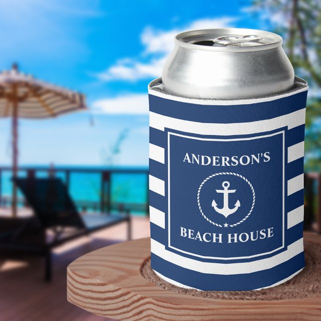 Nautic Anchor Rope Navy Blue Striping Beach House Dosenkühler (Customize to change text size or text style.)