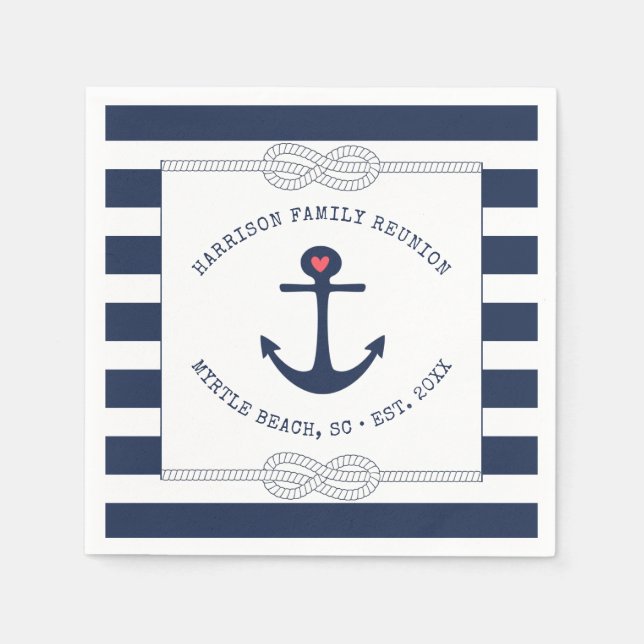 Nautic Anchor Rope Navy Blue Striping Wiedersehen Serviette (Vorderseite)
