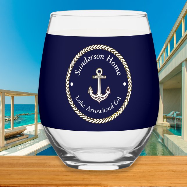 Nautic Anchor Rope Navy Blue White Monogram Name Weinglas Ohne Stiel (Von Creator hochgeladen)