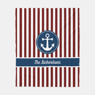 Nautic Anchor Rope Navy Red White Stripes Custom Fleecedecke