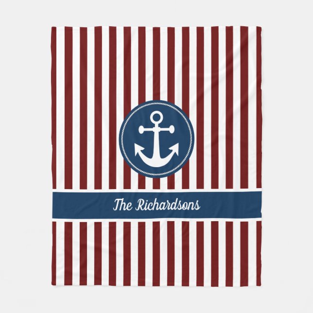 Nautic Anchor Rope Navy Red White Stripes Custom Fleecedecke (Vorderseite)
