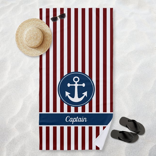 Nautic Anchor Rope Navy Red White Stripes Custom Strandtuch (Nautical Anchor Rope Navy Red White Stripes Custom Beach Towel)