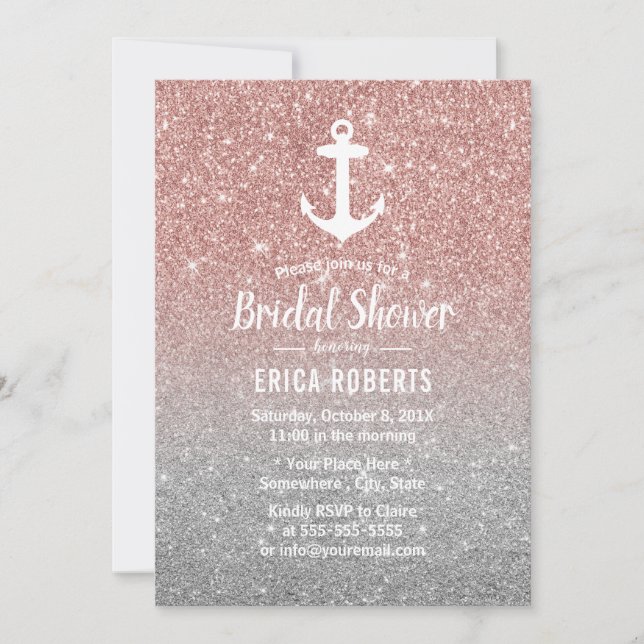 Nautic Anchor Rose Gold Glitzer Brautparty Einladung (Vorderseite)