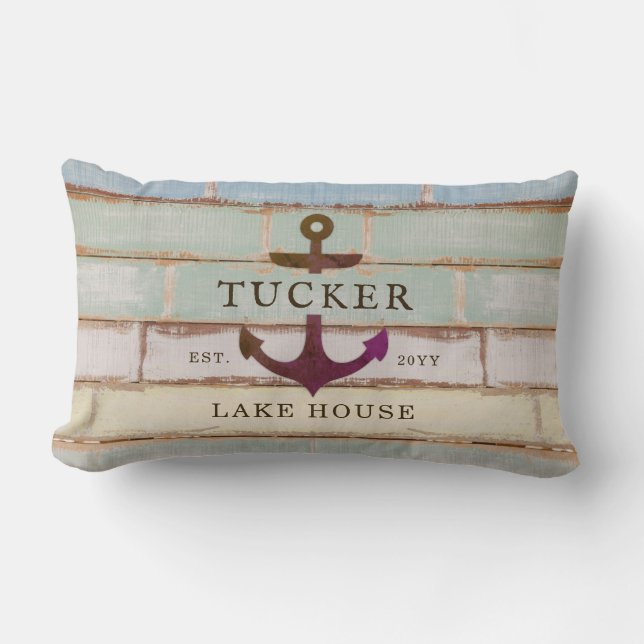 Nautic Anchor Rustic Family Name Lake House Lendenkissen (Vorderseite)
