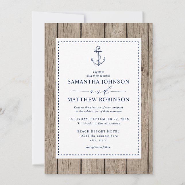 Nautic Anchor Rustic Wood Wedding Einladung (Vorderseite)