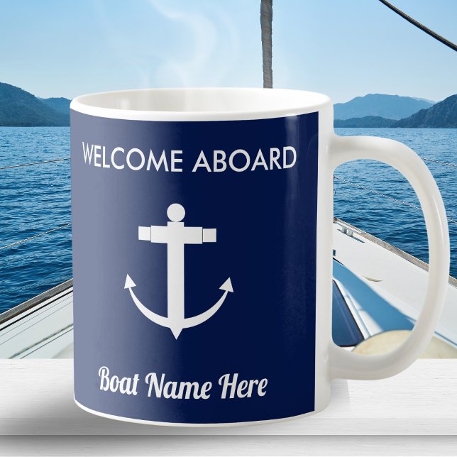Nautic Anchor Sailing Navy Blue Willkommen an Bord Kaffeetasse (A personalized nautical mug in navy blue and white, with 'Welcome Aboard' message and anchor picture)