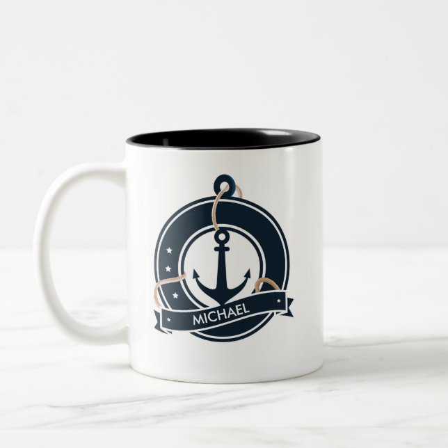 Nautic Anchor Sailor Sailing Personalisiert Zweifarbige Tasse (Links)