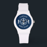 Nautic Anchor Seepferd Captain Boat Name Navy Armbanduhr<br><div class="desc">Ein nautischer Anker und Seepferd mit Captain Rank oder einem anderen Titel und Ihrem Namen oder Bootnamen auf einer stilvollen Armbanduhr. Diese personalisierte Pocket-Uhr wird nicht nur Zeit, sondern auch Spaß machen. Perfekt für den Vatertag, aber auch ein großes Geschenk für jeden Anlass.</div>