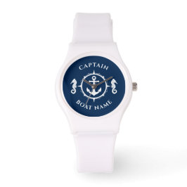 Nautic Anchor Seepferd Captain Boat Name Navy Armbanduhr