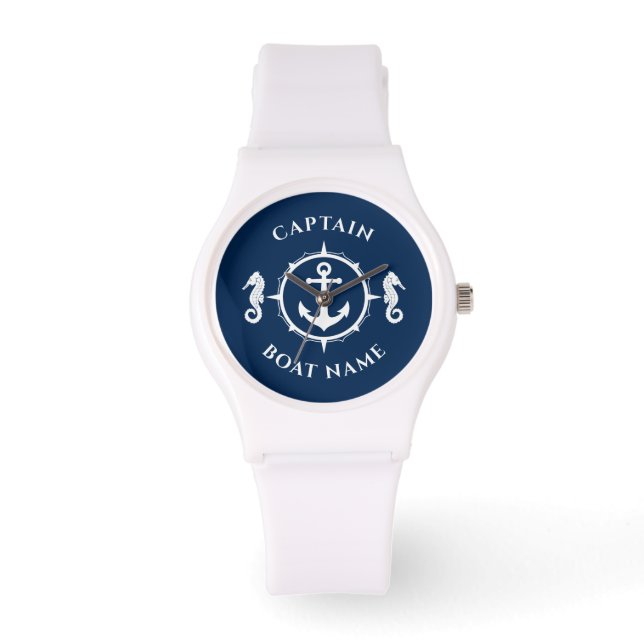Nautic Anchor Seepferd Captain Boat Name Navy Armbanduhr (Vorderseite)