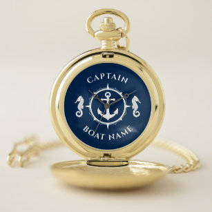 Nautic Anchor Seepferd Captain Boat Name Navy Mari Taschenuhr