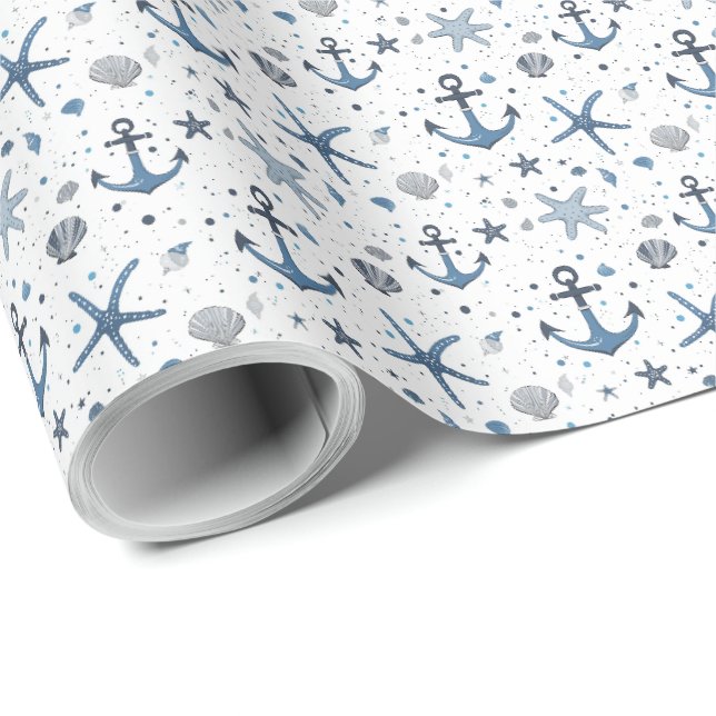 Nautic Anchor Starfish Blue and White Gift Wrap Geschenkpapier (Rolleneckpunkt)