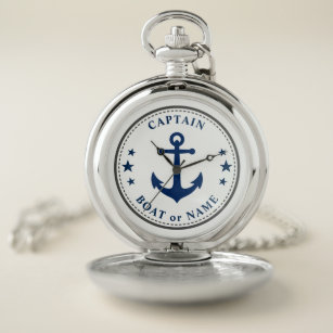 Nautic Anchor Stars Captain Boat Name Blue White Taschenuhr