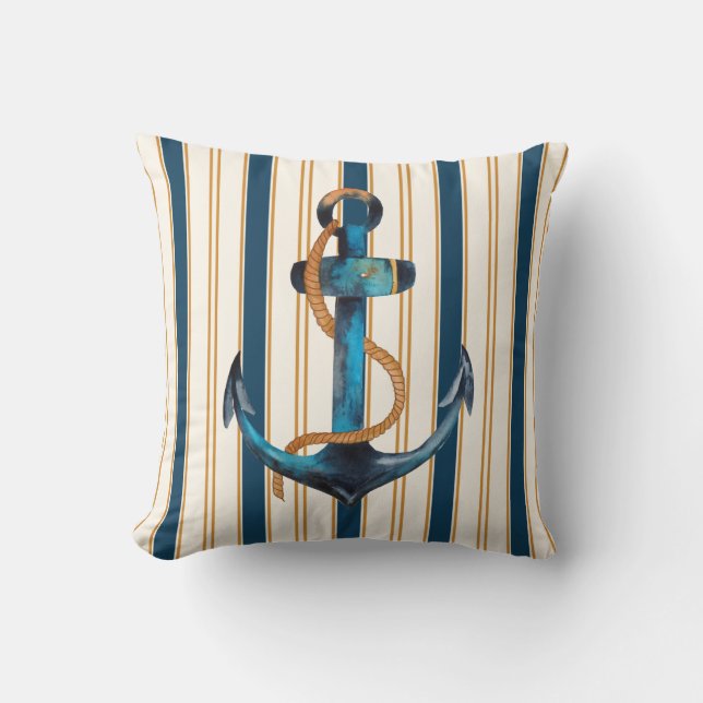 Nautic Anchor Türkis Gold Stripe Beach Kissen (Vorderseite)