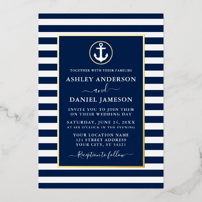 Nautic Anchor Wedding Blue Stripes Gold Folieneinladung (Vorderseite)