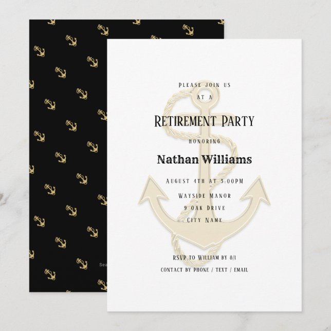 Nautic Anchors Black Gold Custom Retirement Einladung (Vorne/Hinten)