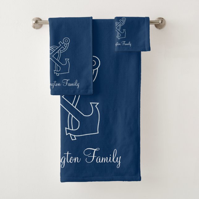 Nautic Anchors Navy Blue Familienname Badhandtuch Set (Insitu)