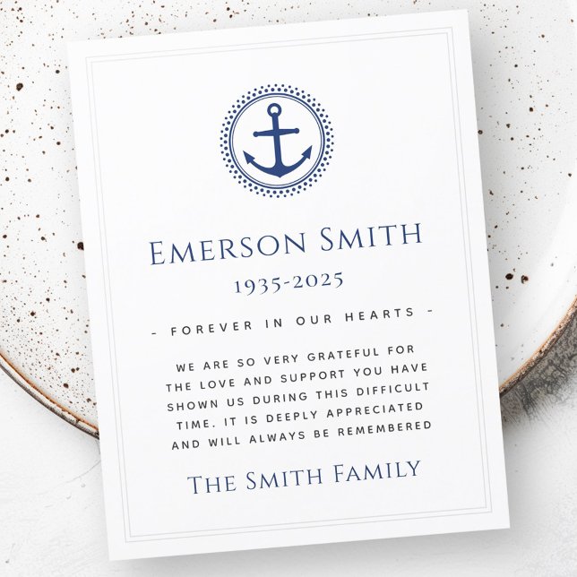 Nautic Anker Beerdigung Beileid Dankeschön Karte (Nautical anchor funeral sympathy thank you card)