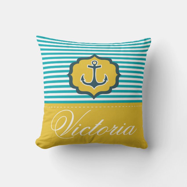 Nautic Aqua Blue Yellow Stripes Anker Custom Kissen (Vorderseite)