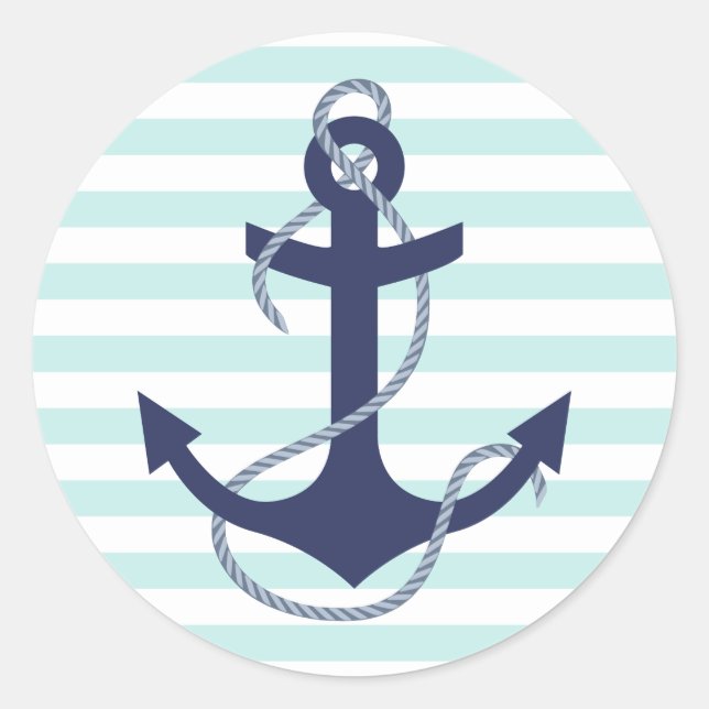 Nautic Aqua & White Stripes Navy Blue Anchor Runder Aufkleber (Vorderseite)