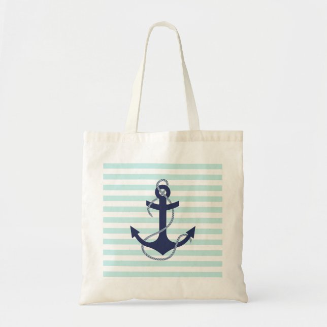 Nautic Aqua & White Stripes Navy Blue Anchor Tragetasche (Vorne)