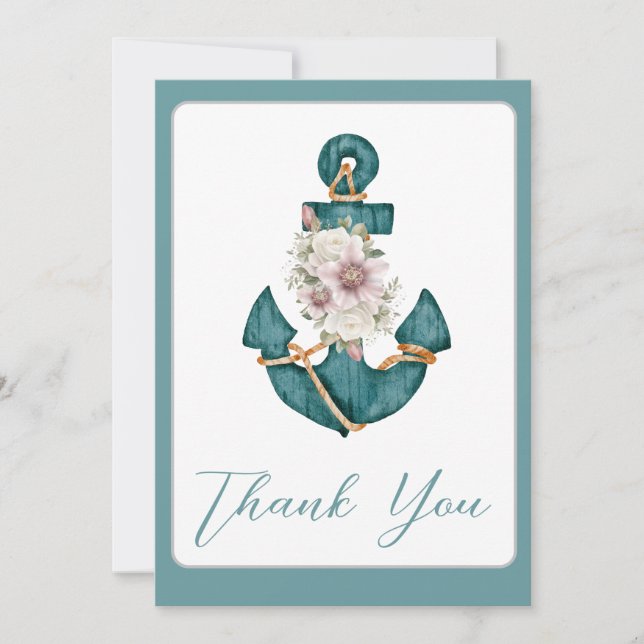 Nautic Aquamarin Aqua Turquoise Blue Floral Anchor Dankeskarte (Vorderseite)