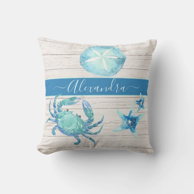 Nautic Aquamarin Blue Crab Sand Dollar Outdoor Pil Kissen (Vorderseite)