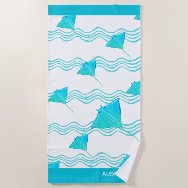 Nautic Aquamarin Blue Manta Ray Wave Badetuch Set (Vorderseite)