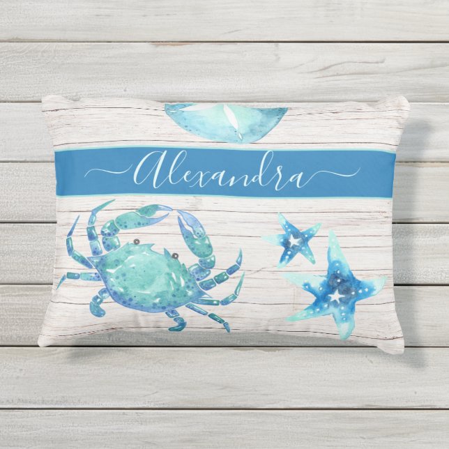 Nautic Aquamarin Blue Seepferd Sand Dollar Kissen Für Draußen (Rückseite)
