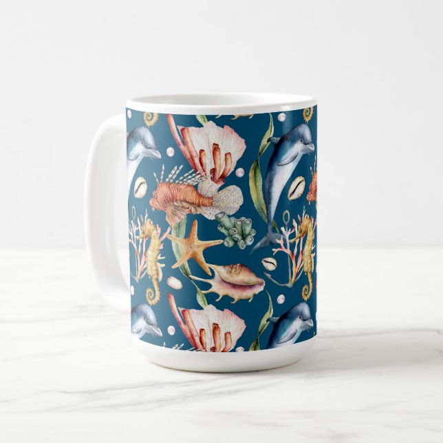 Nautic Aquatic Life Pattern / Blue Coffee Tasse (Vorderseite Links)