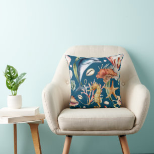 Nautic Aquatic Life Pattern / Blue Kissen
