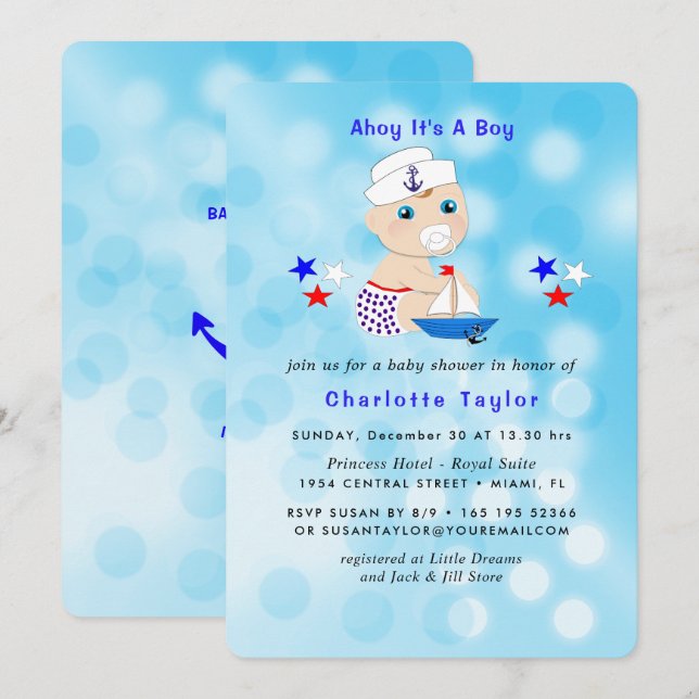 Nautic Baby Shower Boy Sailor Niedlich Blue Einladung (Vorne/Hinten)