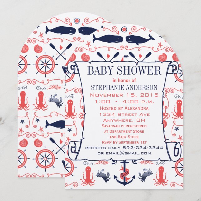 Nautic Baby Shower Cornavy Whales Octopus Einladung (Vorne/Hinten)